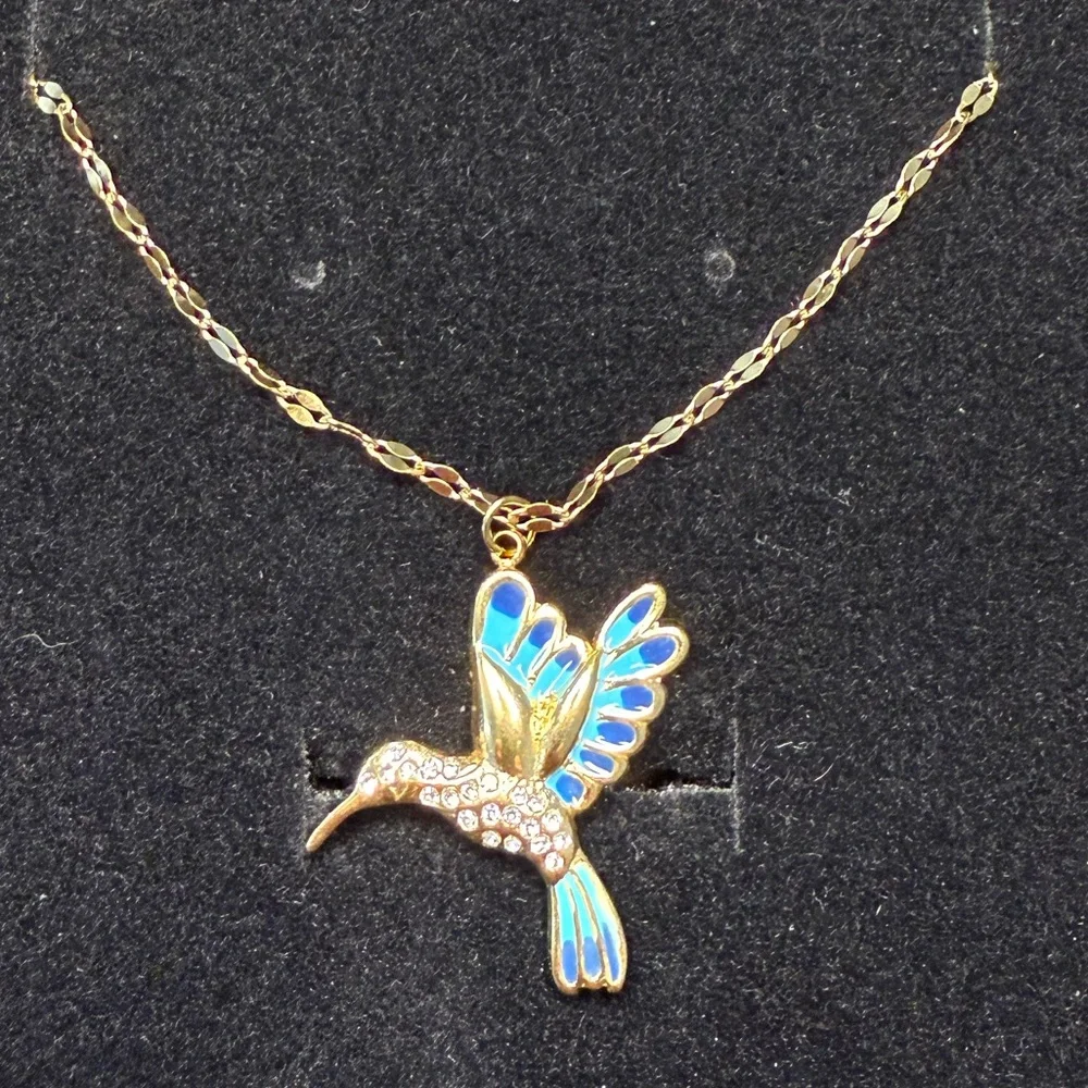 Gold Hummingbird Pendant Necklace with Blue Enamel & Rhinestones